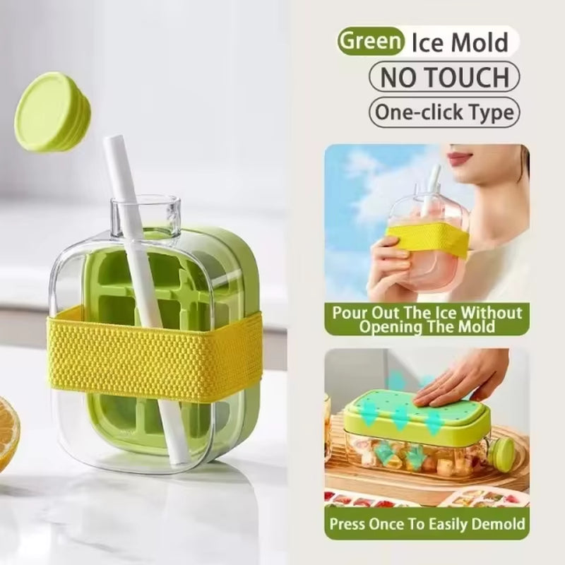 Silicone One-Click Ice Mold Bottle Cooler Cup with Straw Ice Cube Tray with Lid for Freezer Creative NO TOUCH Mould for Summer