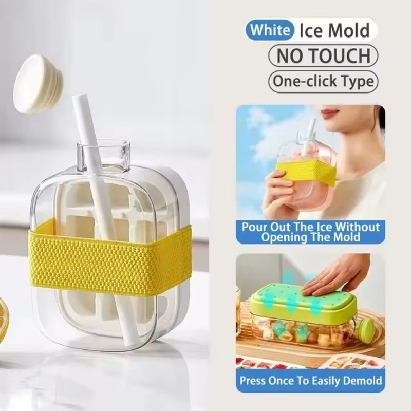 Silicone One-Click Ice Mold Bottle Cooler Cup with Straw Ice Cube Tray with Lid for Freezer Creative NO TOUCH Mould for Summer
