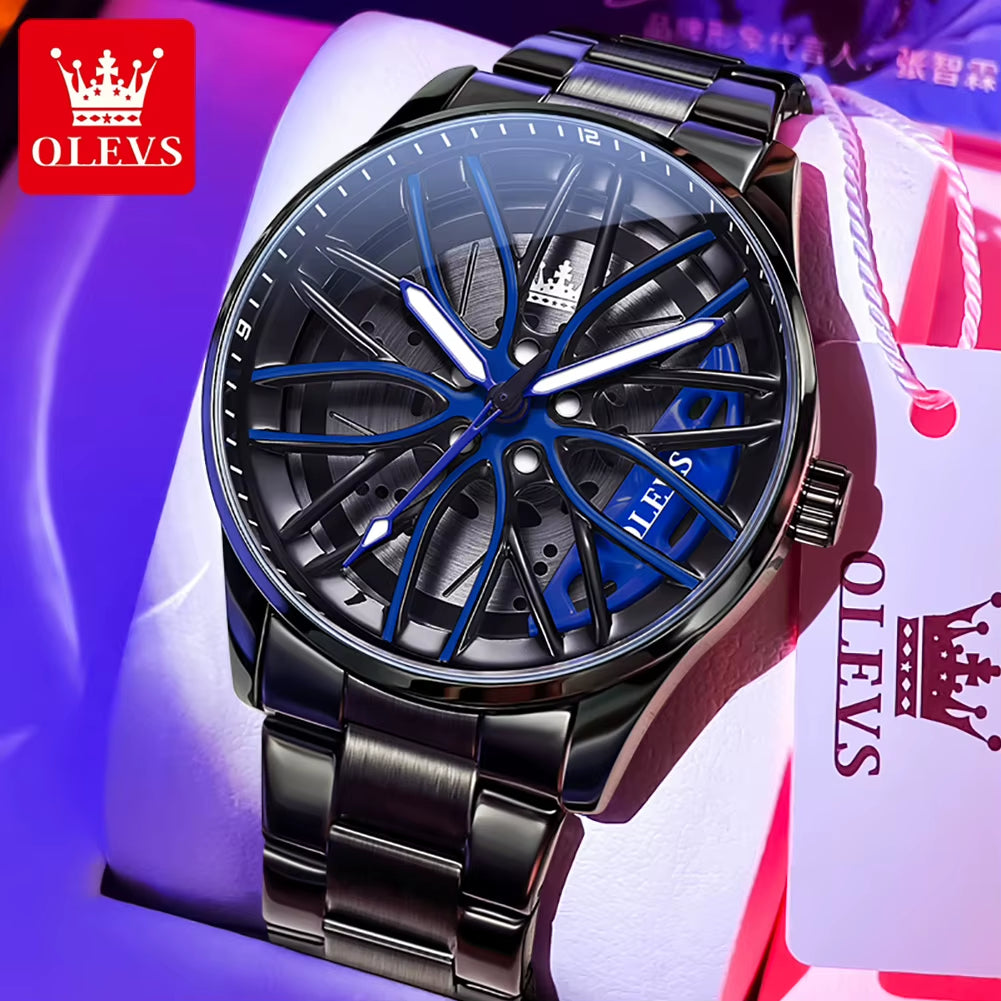 Fashion 360° Rotary Dial Quartz Watch for Men Sport Car Rim Wheel Hub Waterproof Luminous Stainless Steel Men'S Wristwatch