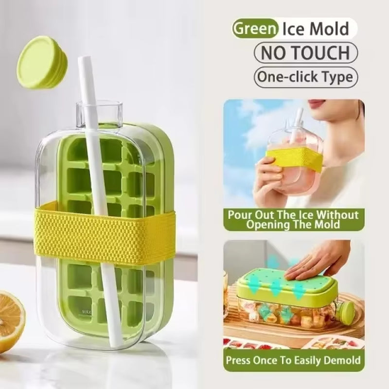 Silicone One-Click Ice Mold Bottle Cooler Cup with Straw Ice Cube Tray with Lid for Freezer Creative NO TOUCH Mould for Summer