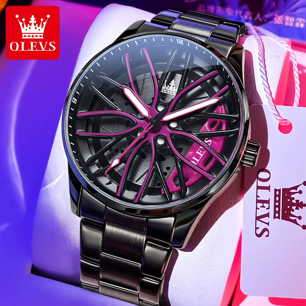 Fashion 360° Rotary Dial Quartz Watch for Men Sport Car Rim Wheel Hub Waterproof Luminous Stainless Steel Men'S Wristwatch