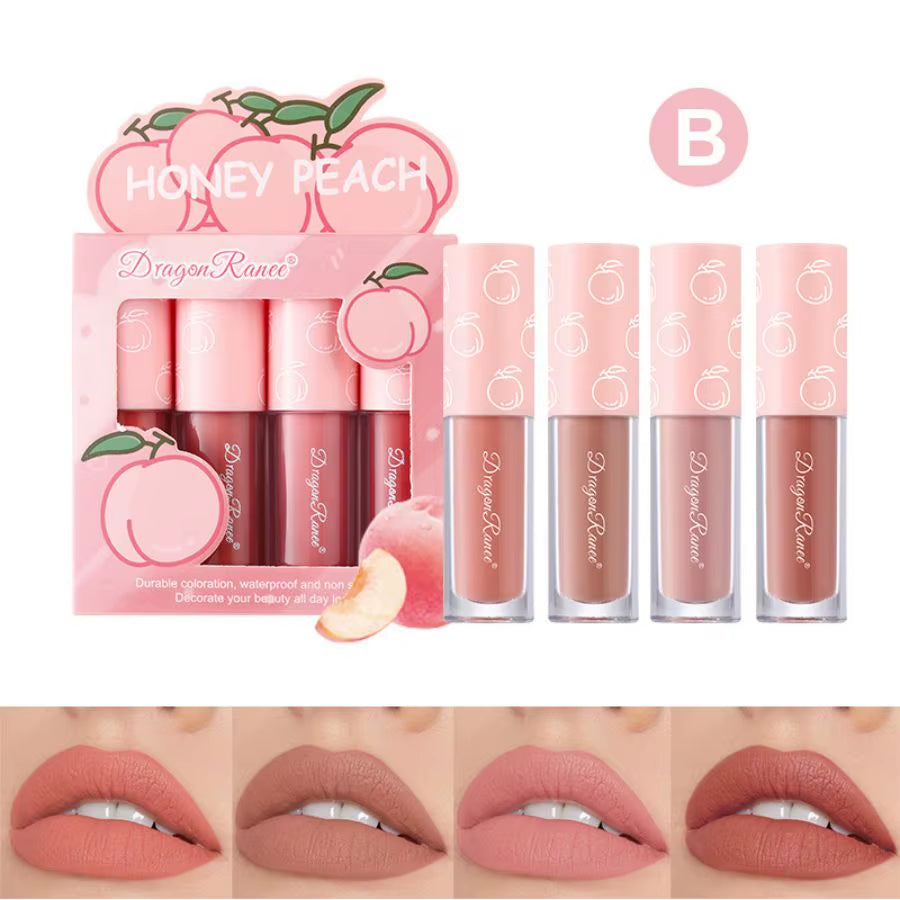 Velvet Matte Lip Glaze Set, Non-Fading, Non-Stick Cup, Fruit Makeup Lip Gloss, Four Mini Set