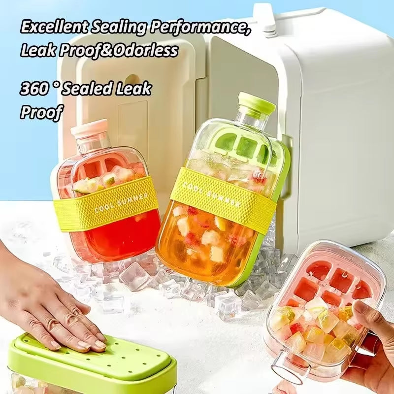 Silicone One-Click Ice Mold Bottle Cooler Cup with Straw Ice Cube Tray with Lid for Freezer Creative NO TOUCH Mould for Summer