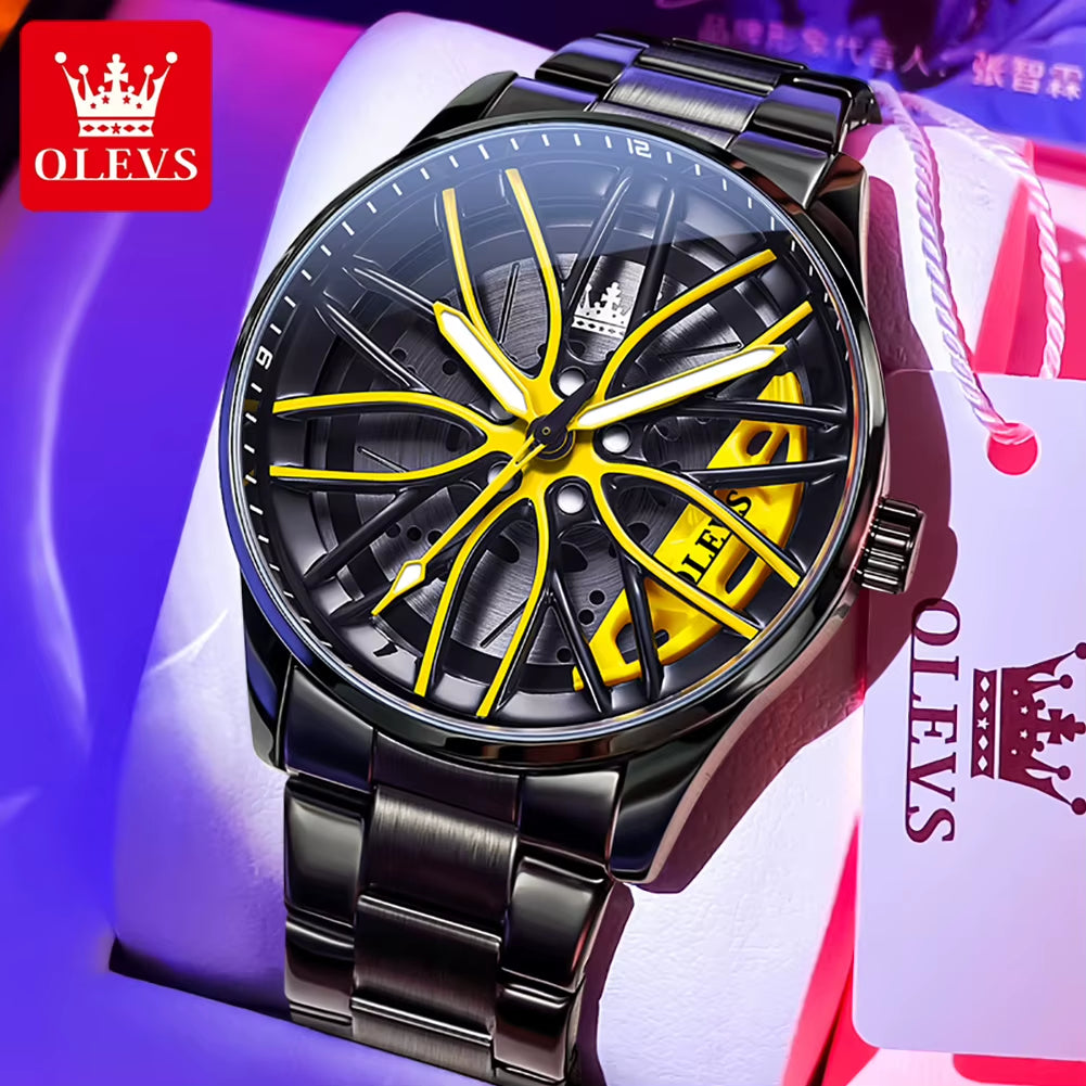 Fashion 360° Rotary Dial Quartz Watch for Men Sport Car Rim Wheel Hub Waterproof Luminous Stainless Steel Men'S Wristwatch