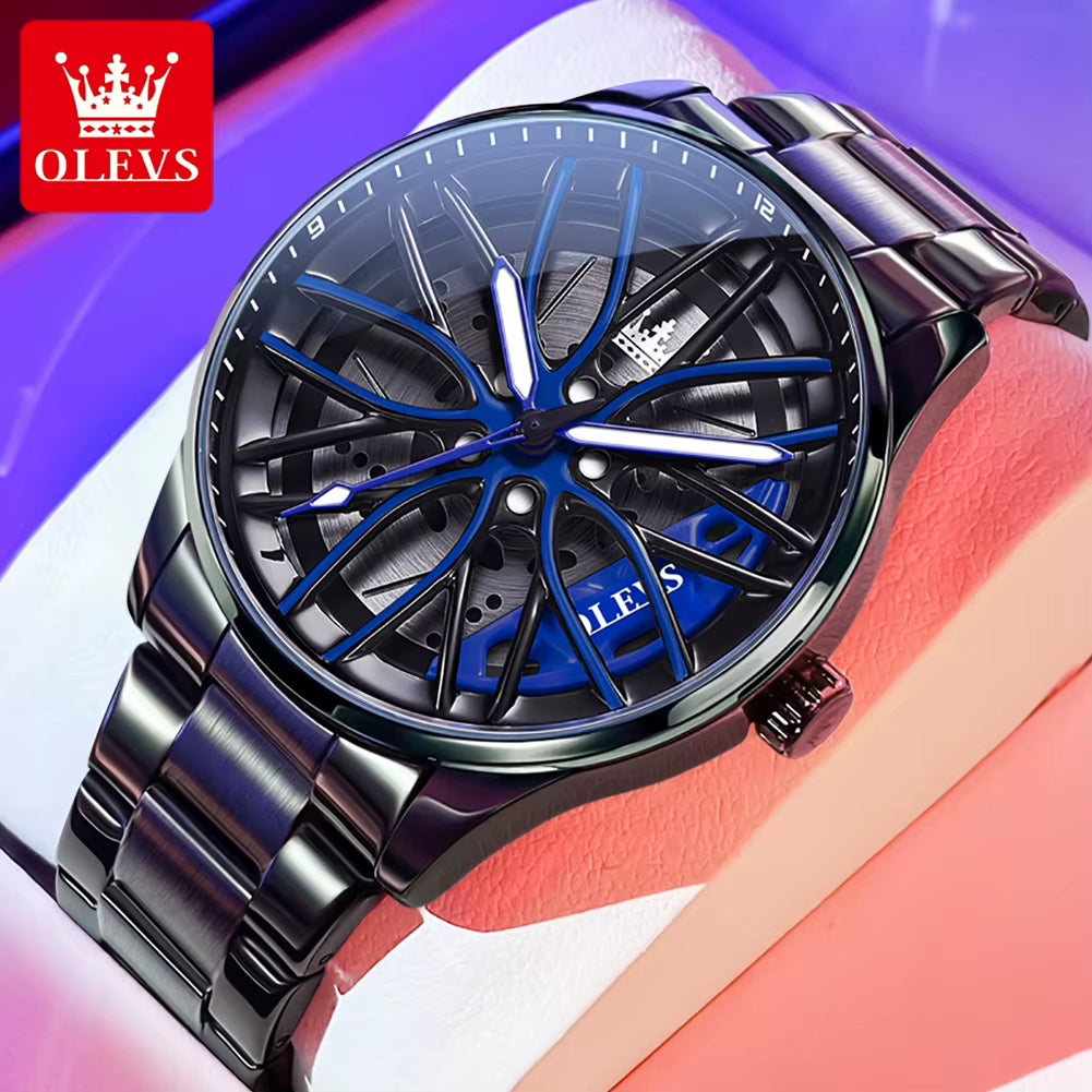 Fashion 360° Rotary Dial Quartz Watch for Men Sport Car Rim Wheel Hub Waterproof Luminous Stainless Steel Men'S Wristwatch