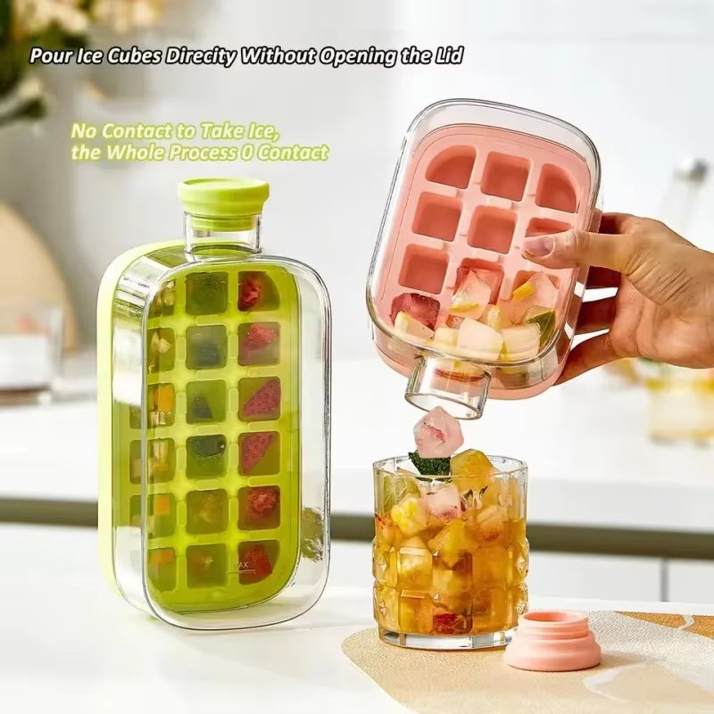 Silicone One-Click Ice Mold Bottle Cooler Cup with Straw Ice Cube Tray with Lid for Freezer Creative NO TOUCH Mould for Summer