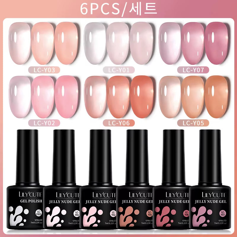 6PCS/SET 7Ml Jelly Pink Nude Translucent Gel Nail Polish Set Semi Permanent Soak off Nail Art Manicure Gel Set