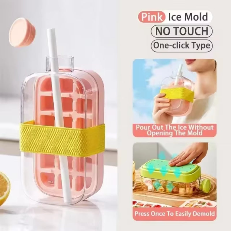 Silicone One-Click Ice Mold Bottle Cooler Cup with Straw Ice Cube Tray with Lid for Freezer Creative NO TOUCH Mould for Summer