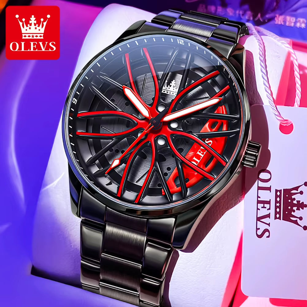 Fashion 360° Rotary Dial Quartz Watch for Men Sport Car Rim Wheel Hub Waterproof Luminous Stainless Steel Men'S Wristwatch