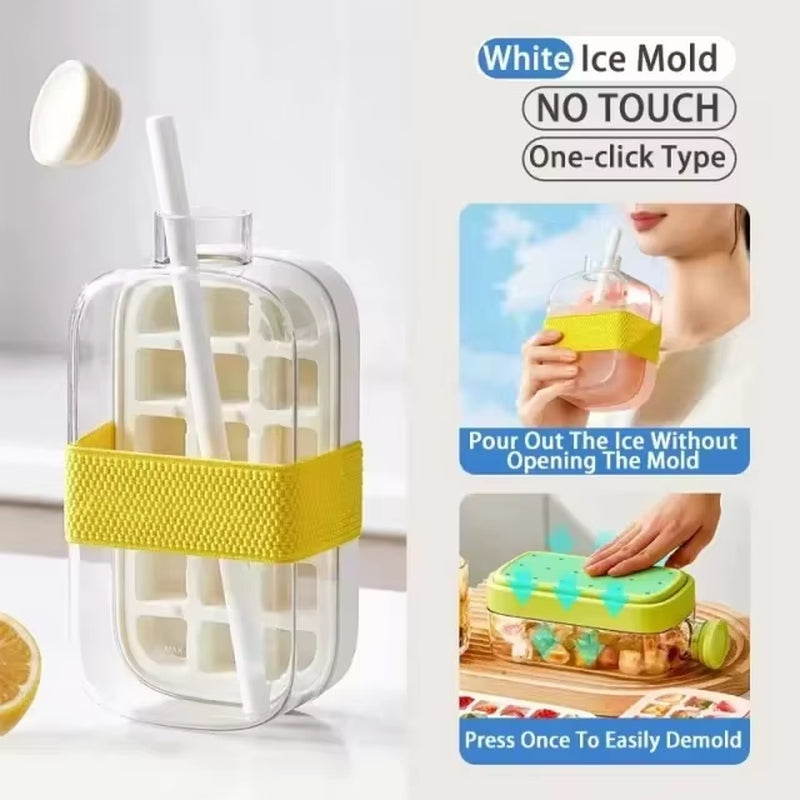 Silicone One-Click Ice Mold Bottle Cooler Cup with Straw Ice Cube Tray with Lid for Freezer Creative NO TOUCH Mould for Summer