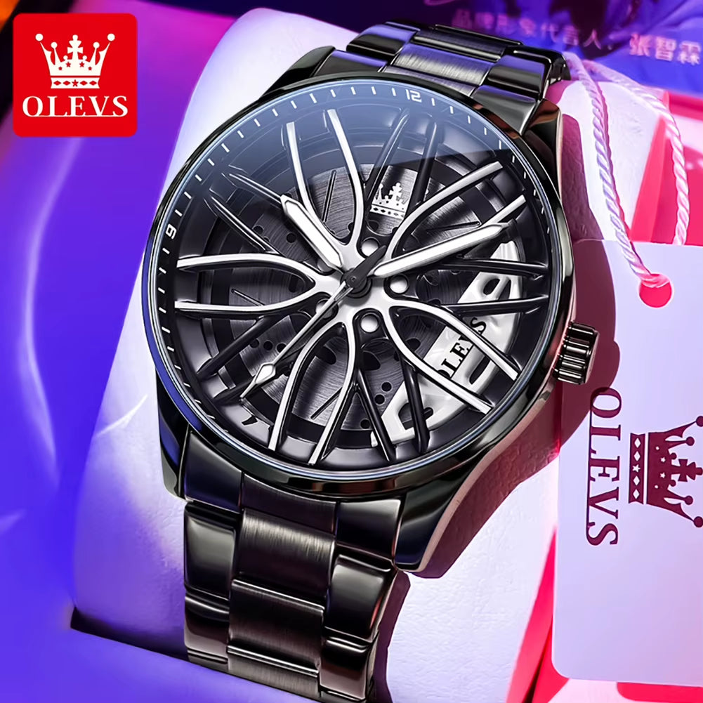 Fashion 360° Rotary Dial Quartz Watch for Men Sport Car Rim Wheel Hub Waterproof Luminous Stainless Steel Men'S Wristwatch