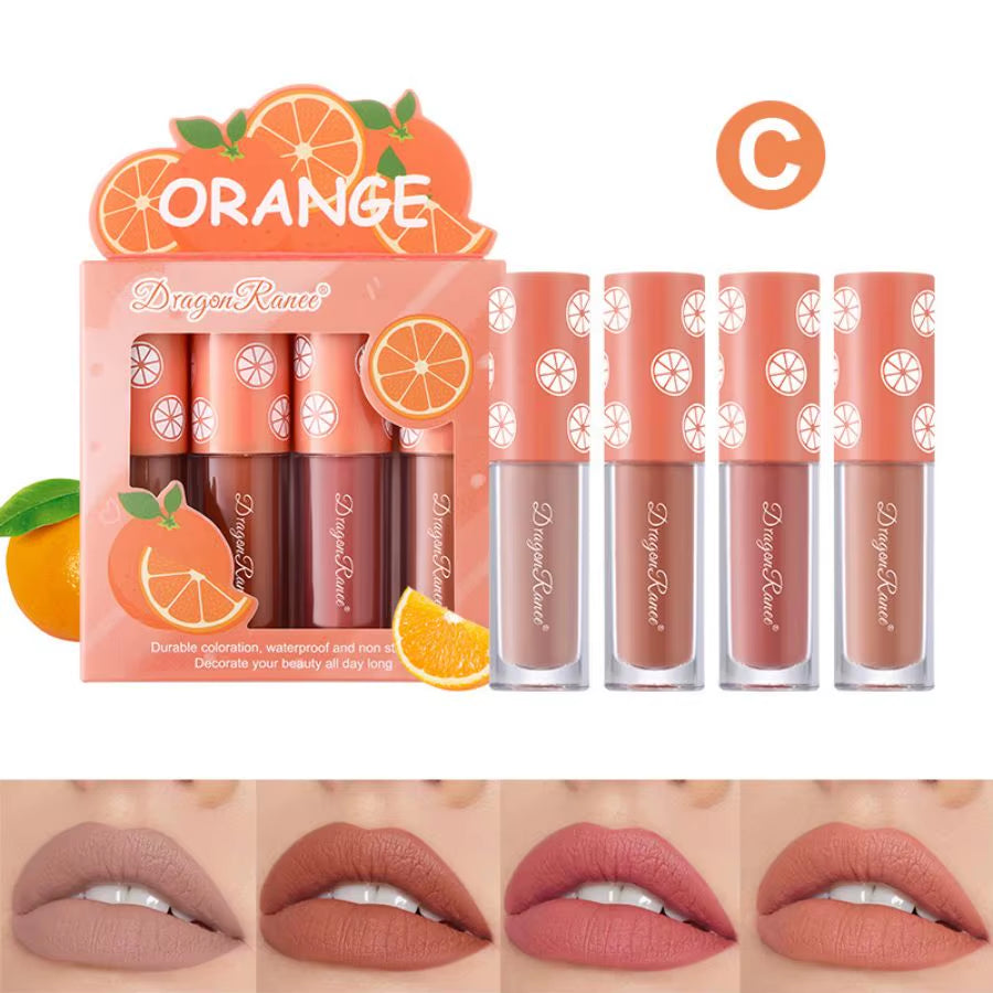 Velvet Matte Lip Glaze Set, Non-Fading, Non-Stick Cup, Fruit Makeup Lip Gloss, Four Mini Set