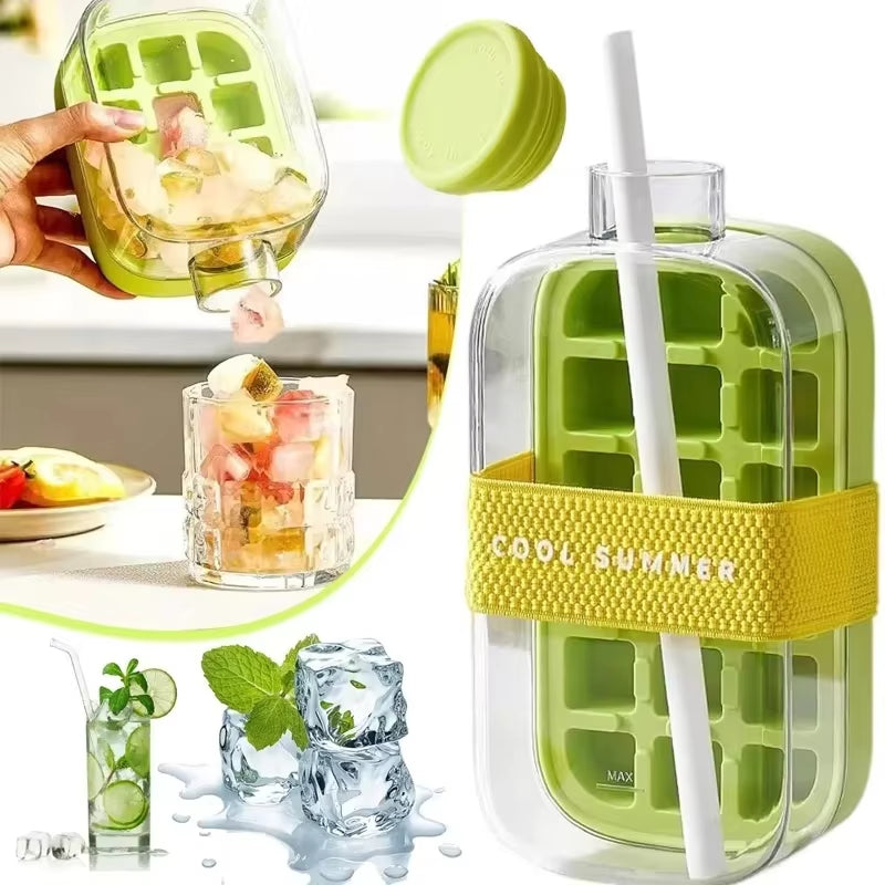 Silicone One-Click Ice Mold Bottle Cooler Cup with Straw Ice Cube Tray with Lid for Freezer Creative NO TOUCH Mould for Summer